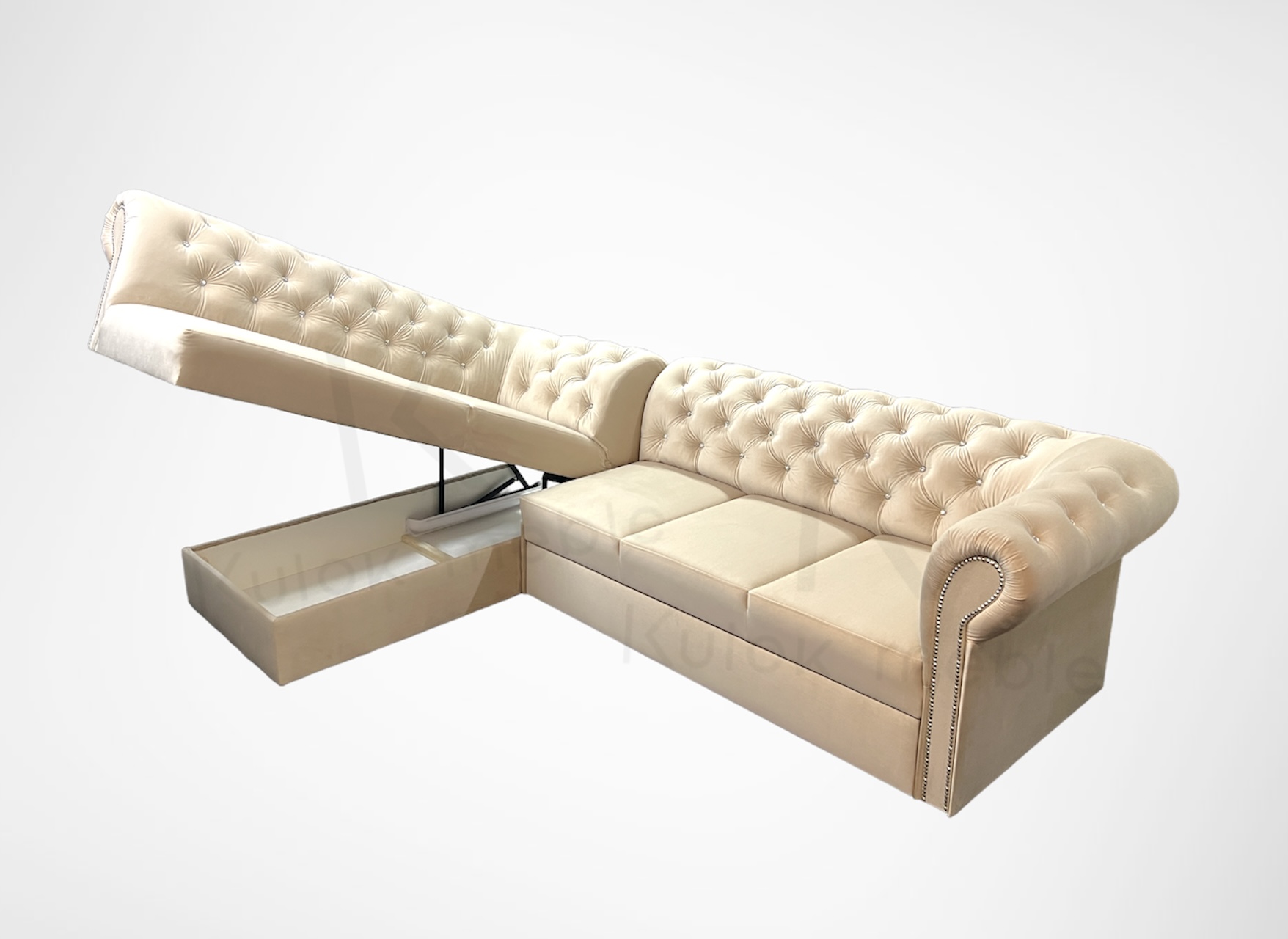 Narożnik Chesterfield Primavera Bis z Pojemnikiem i Funkcją Spania - Jasny Krem Welur Magic Velvet 2283 z Kryształami Swarovski